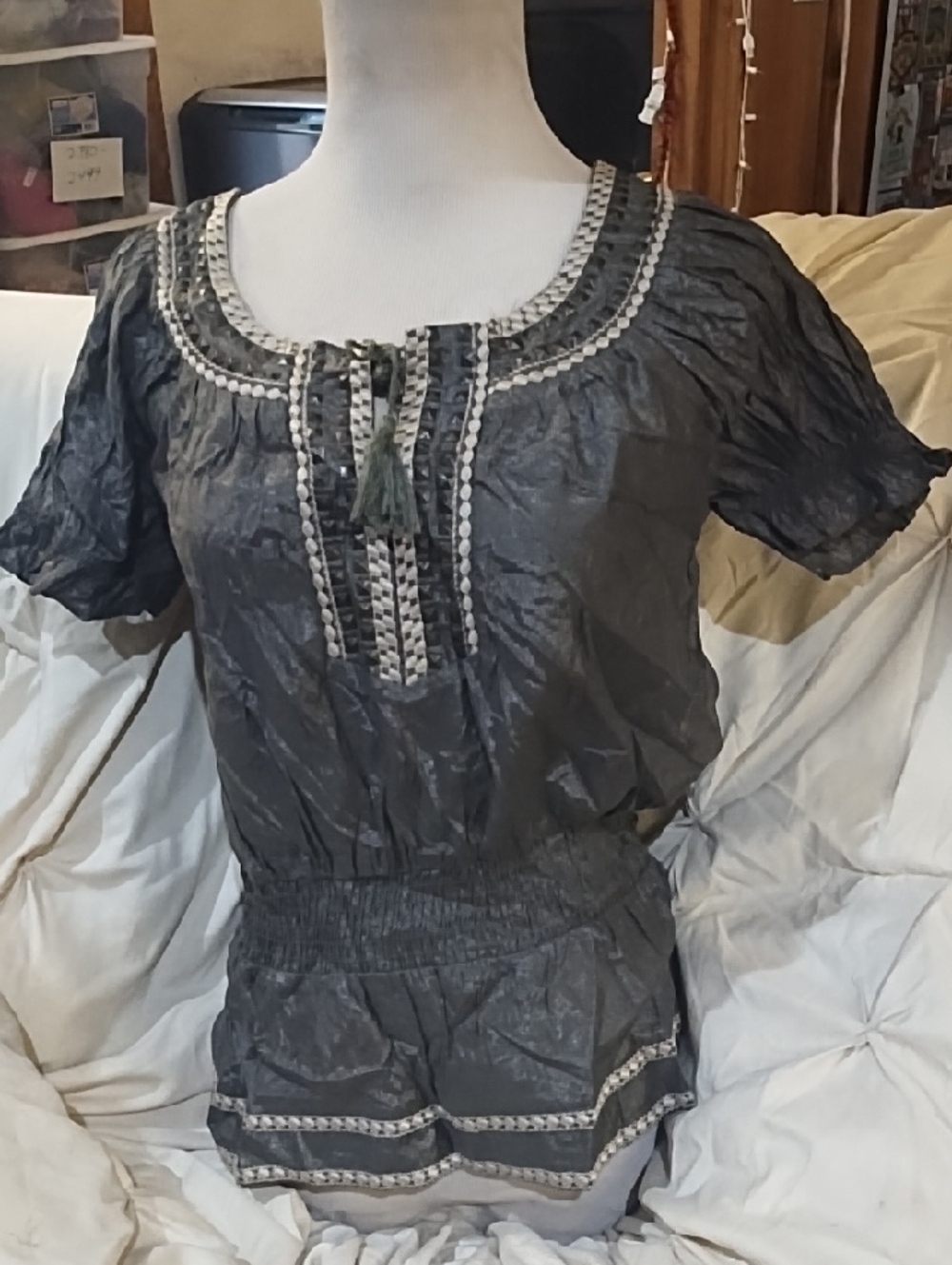 Brown ShimmerShort-Sleeve Peasant Blouse with Tassel Tie